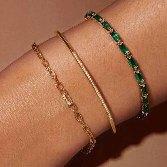 Women's 14K Gold Plated Green Cubic Zirconia Adjustable Stackable Bracelet - Picture 5 of 5